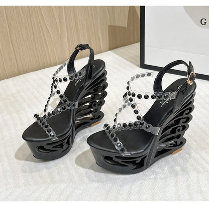 Voesnees Summer New Hollow Out Wedge Women's Pumps Shiny Sequins Fashion Party Shoes Club Heels Transparent Narrow Belt Sandals