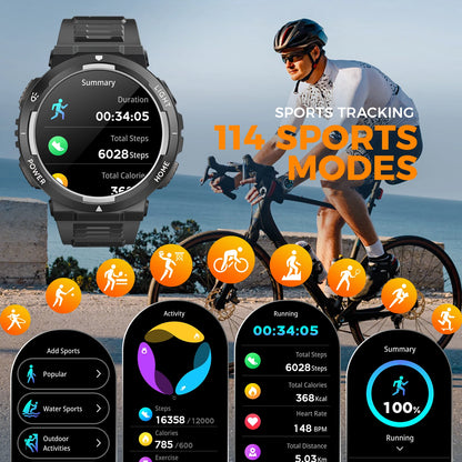 EIGIIS Smart Watches for Men with LED Flashlight 1.53" HD with 100+ Sport Modes Health/Sleep Monitor and 3ATM Waterproof Watche