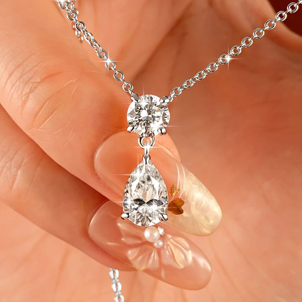 Celestinova 2.5ct GRA Pear Teardrop Moissanite Pendant Necklace Two-Stone Zircon 14K Gold Plated Jewelry for Women