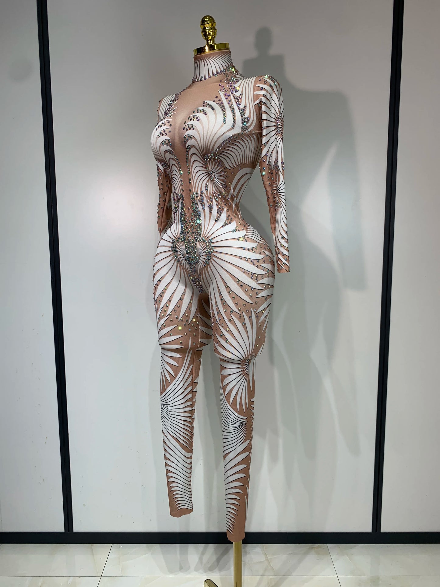 Sexy Long Sleeves Print Rhinestone Jumpsuits Drag Queen Show Stage Performance Costume Women Evening Party Nightclub Rompers