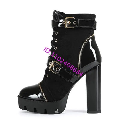 Design Women Black Leather Round Toe Rivets Metal Zippers Block High Heel Thick Bottom Ankle Boots Belt Buckles Platform Boots
