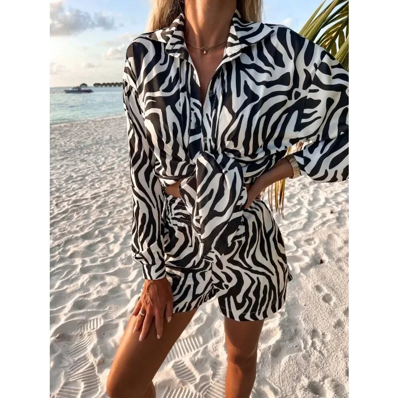 Summer Women's Fashion Printed Shorts Set with Polo Collar Long Sleeve Fashion Set Holiday Beach Women's Shorts Set