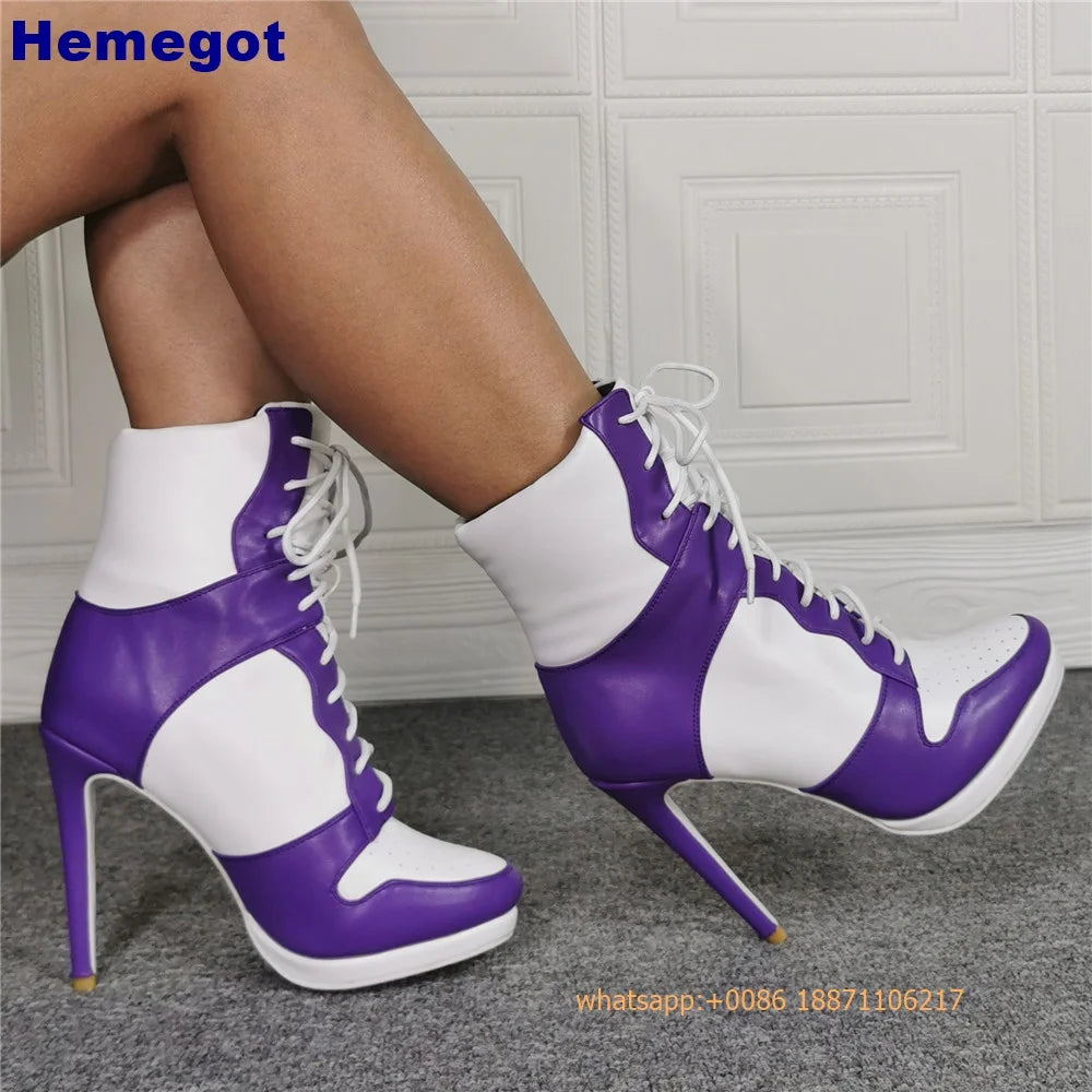 Sports Lace Up Women's Short Boots 2024 Thick Sole Round Toe Mixed Color Stilettos Autumn Winter New Street Style Casual Rock Bo