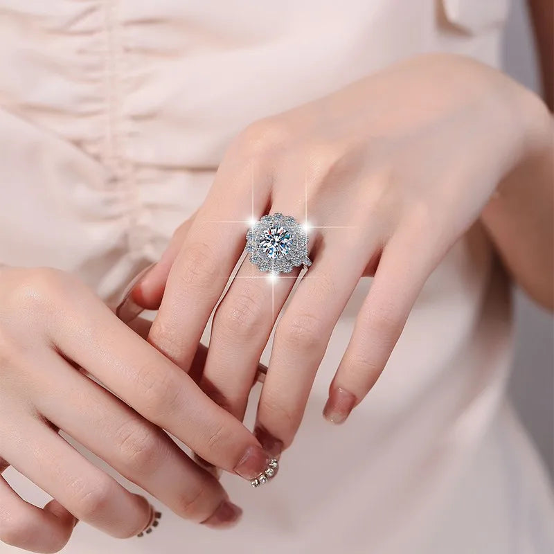 Women's Exaggerated Floral Head 3CT Moissanite Ring PT950 Platinum Band for Stylish Sparkling Party Engagement