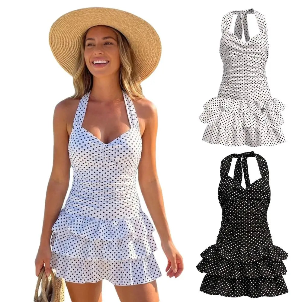 Ruffle Skirt Polka Dot One-Piece Swimsuit Backless Design Bandage Style Beach Dress Slimming Tummy Control Ruffled Hem