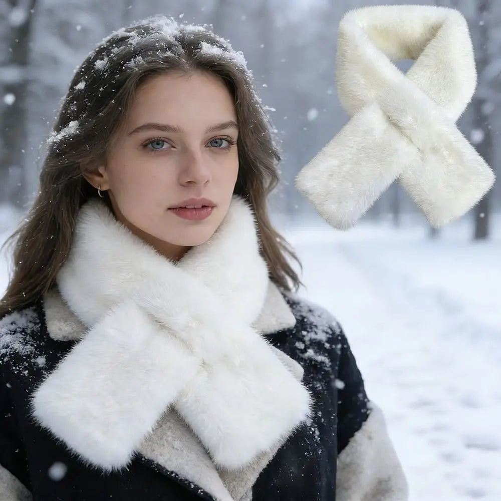 Winter Warm Faux Mink Fur Cross Scarf Solid Color Soft Neckerchief Wrap Thickened Neck Warmer Collar Scarf Autumn Winter