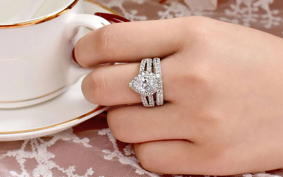 Newshe 2Pcs Solid 925 Sterling Silver Wedding Rings for Women Bridal Set 8*8mm 3CT Princess Cut 5A Cubic Zircon Fine Jewelry