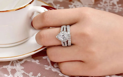Newshe 2Pcs Solid 925 Sterling Silver Wedding Rings for Women Bridal Set 8*8mm 3CT Princess Cut 5A Cubic Zircon Fine Jewelry