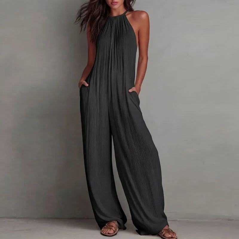 Women's Halter Sleeveless Jumpsuit New Beach Vacation Textured Overalls with Pockets Wide Leg Romper Casual Spring Summer Outfit