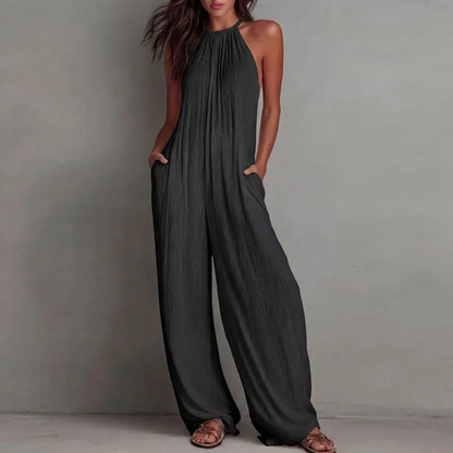 Women's Halter Sleeveless Jumpsuit New Beach Vacation Textured Overalls with Pockets Wide Leg Romper Casual Spring Summer Outfit