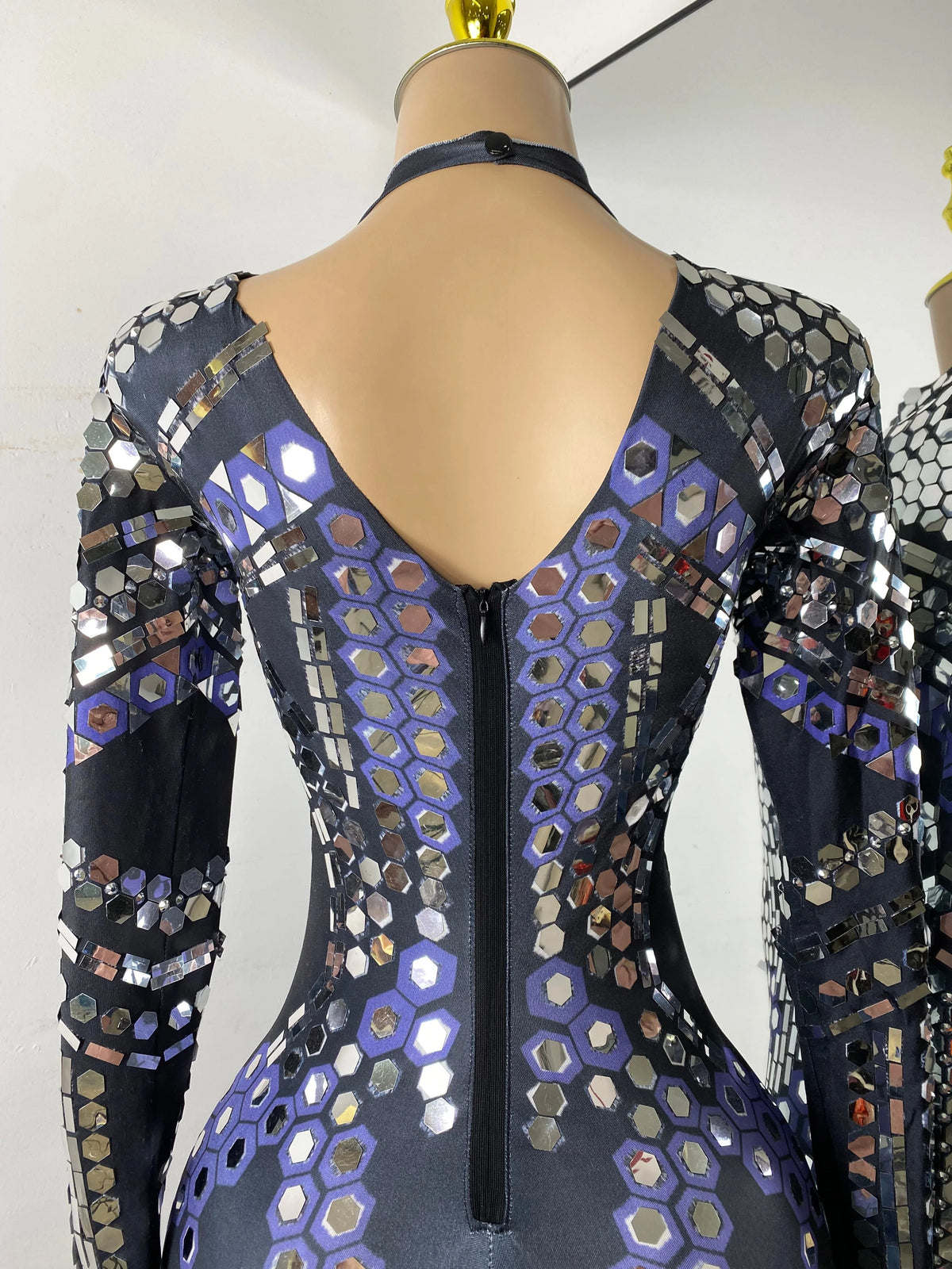 Women Sexy Spandex Tight Jumpsuit Long Sleeve Mirrors Cosplay Costume Nightclub Dancer Outfit Performance Stage Wear