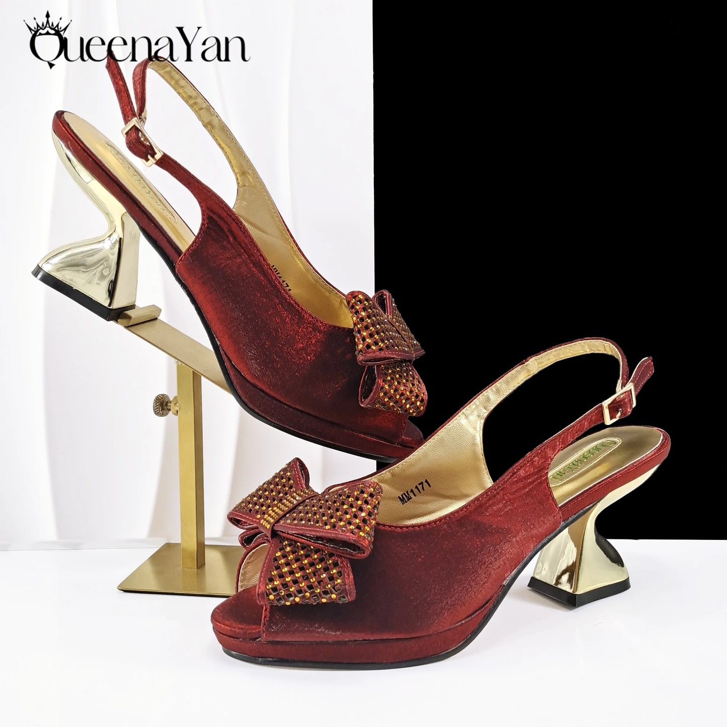 Queena Yan Sky Blue Color Peep Toe High Women Heels Shoes and Bags for Women Rhinestone Evening Party Elegant Luxury Handbag