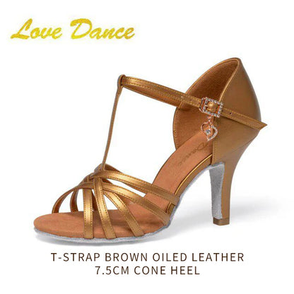 UK Latin Dance Women's Medium-Heel Latin Shoes Brown Oiled Leather Soft Indoor Sole for Competition Daily Practice