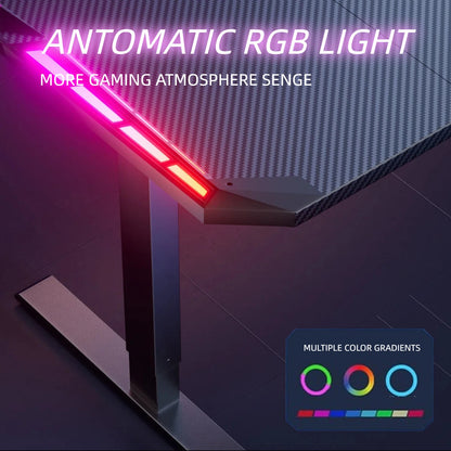 NEBMAAX Electric Height Adjustable Gaming Desk With RGB LED Strip Lights, Built-In Cup Holder Headset Hook Ergonomic Computer Game Table with Carbon Fiber Surface, 2 Memory Positions and 3 Sizes
