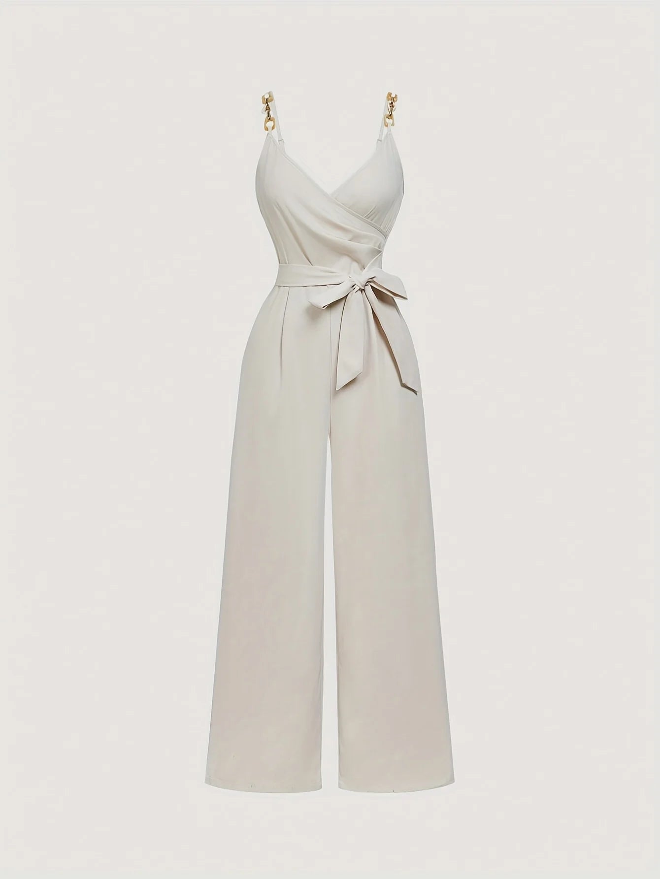 Spring/Summer New Women's Strap Jumpsuit French Style Elegant Academy Style Ins Classic Versatile V-Neck Decorative Buttons Bow Tie Straps Ruched Adjustable Shoulder Straps Camisole Top Wide-Leg Pants Women's Jumpsuit