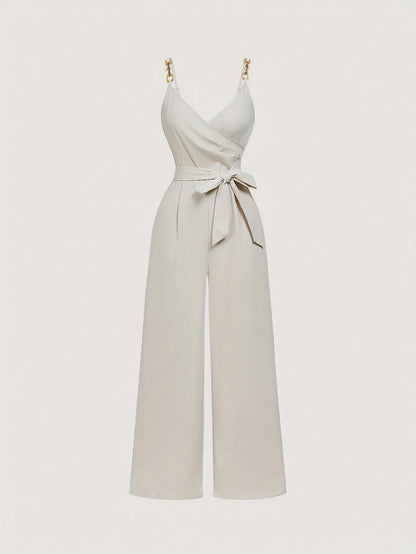 Spring/Summer New Women's Strap Jumpsuit French Style Elegant Academy Style Ins Classic Versatile V-Neck Decorative Buttons Bow Tie Straps Ruched Adjustable Shoulder Straps Camisole Top Wide-Leg Pants Women's Jumpsuit