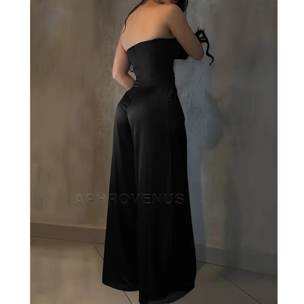 Women's Sexy Strapless Solid Color Jumpsuit Slimming High Waist Wide Leg Long Pants Elegant Party Romper Classy Clubwear Outfit