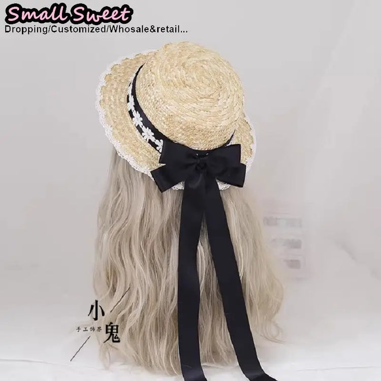 Small Sweet Store Lolita Straw Hat Lolita Princess Lace Bow Ribbon Straw Hat Women Girls Summer Straw Hats Beach Sun Hat