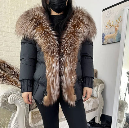 MMK 2023 Winter Women Warm White Duck Down Jacket Natural Real Fox Fur Collar Hood Puffer Coat Thick Luxury Outerwear