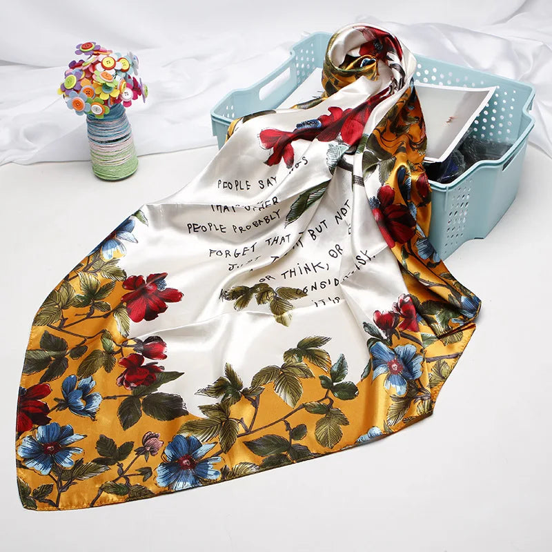 Wholesale Fashion Floral Print Kerchief Silk Satin Shawls and Wraps Hijab Scarfs Female 90cm*90cm Square Bag Scarves For Ladies