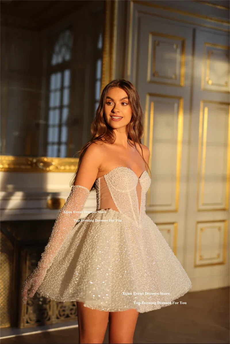 Xijun Glitter Short Wedding Dresses Sweetheart Sleeveless A-Line Prom Gown Formal Event Cocktail Birthday Party Dress Customized