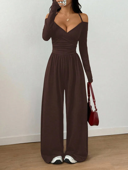 Jumpsuits Women One Piece Full Sleeve Off Shoulder Halter Lace Up Wide Leg Long Pants Solid Y2k Streetwear Jumpsuit Work 2026