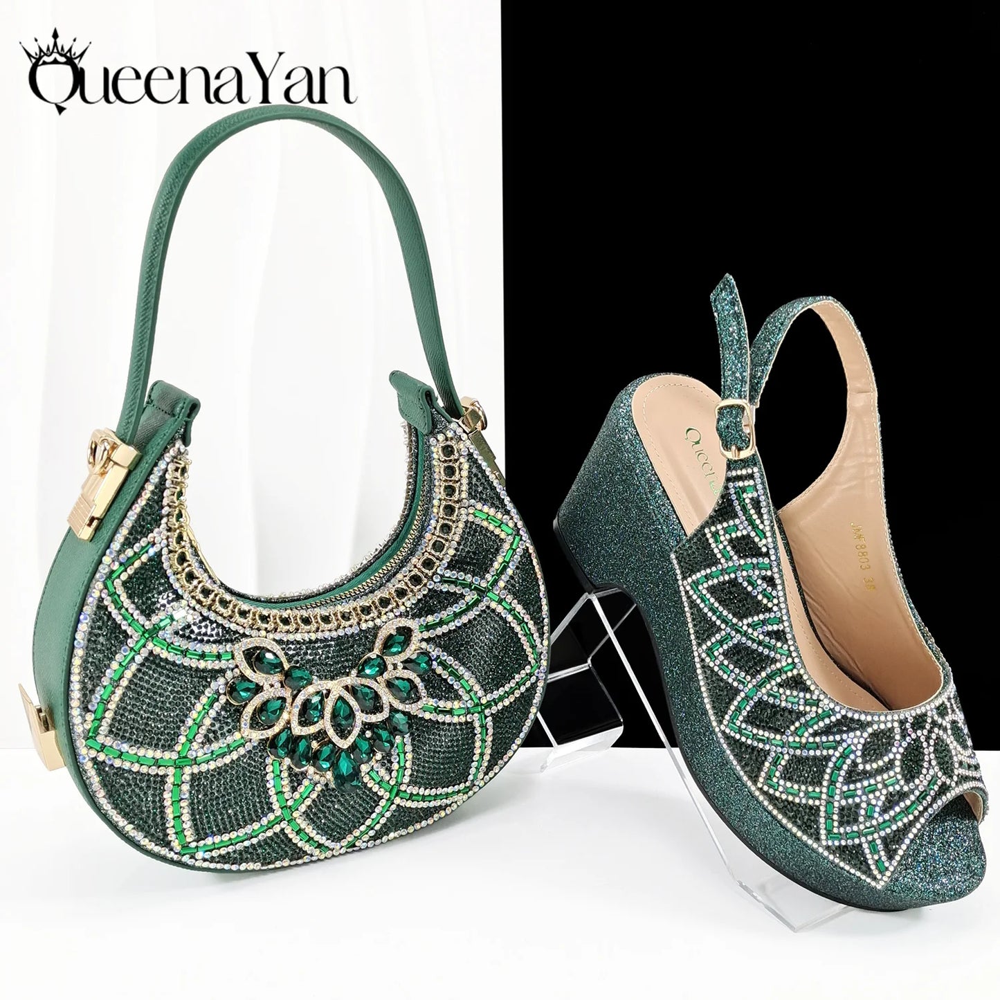 Queena Yan Sky Blue Elegant Nigerian Rhinestone Wedding Shoe and Bag Set Italian Inspired High Heels and Matching Handbag