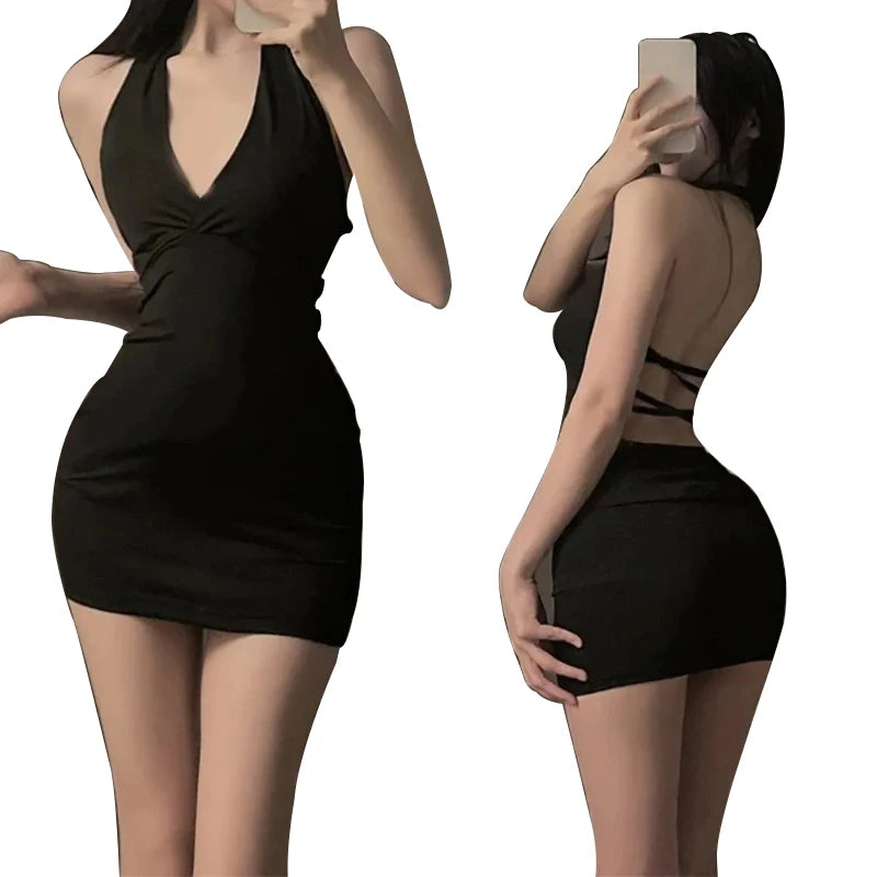 Women Sexy Halter Backless Slim V-neck Wrap Black Party Night Mini Dress