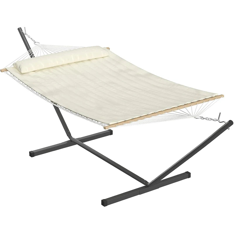 Double Cotton Hammock with Stand, Hammock with Adjustable Steel Frame | Portable Freestand Hammock Set Includes Carry Bag, Padded Polyester Pad & Pillow, 450 lb Capacity for Garden/Backyard/Travel