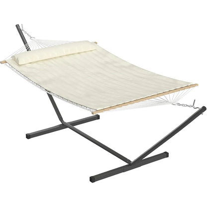 Double Cotton Hammock with Stand, Hammock with Adjustable Steel Frame | Portable Freestand Hammock Set Includes Carry Bag, Padded Polyester Pad & Pillow, 450 lb Capacity for Garden/Backyard/Travel