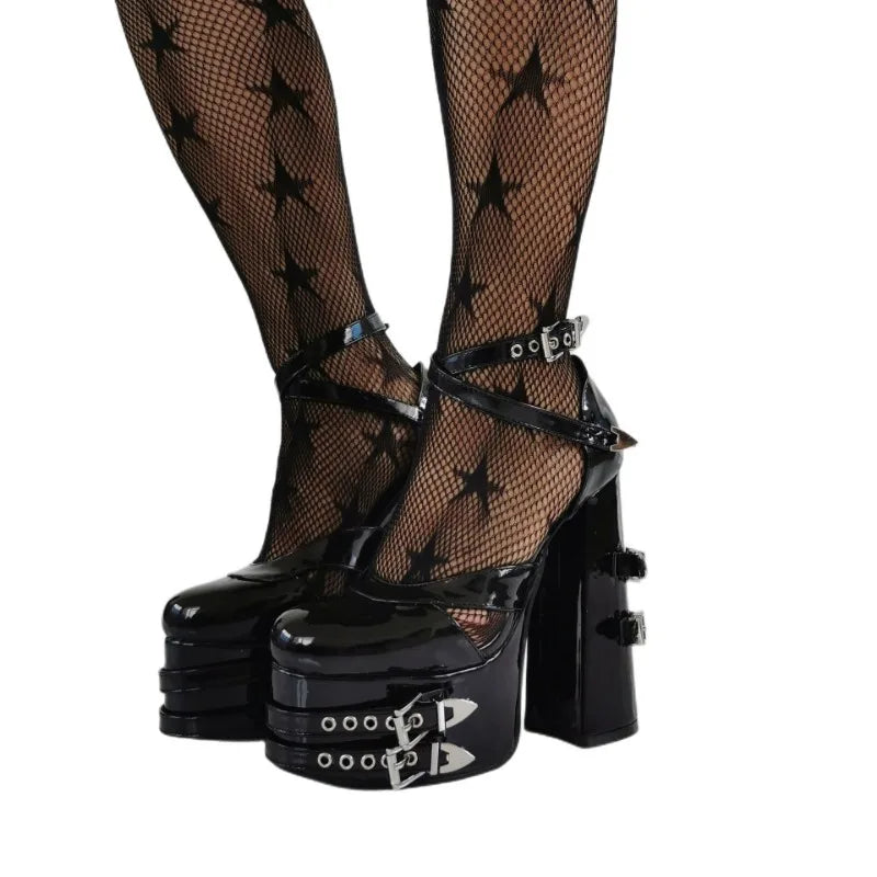 Punk Style Black Rivet Buckle High Heels Women's Trendy Gothic Sizes 36-47 Waterproof Platform Belt Buckle Thick Heel Nude Shoes