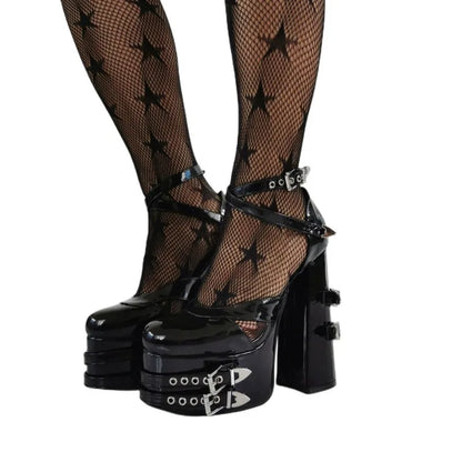 Punk Style Black Rivet Buckle High Heels Women's Trendy Gothic Sizes 36-47 Waterproof Platform Belt Buckle Thick Heel Nude Shoes
