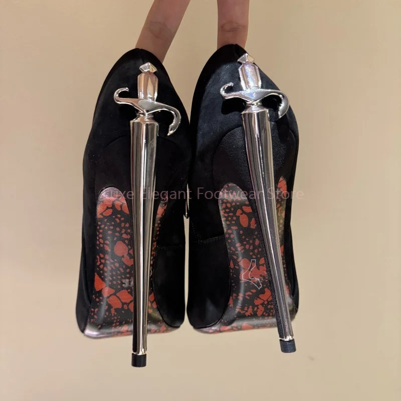 Black Suede Sword Shaped Pointed Stiletto Pumps Women Sliver Decor Side Zipper Shallow Ankle Boots Sexy Fashion Party Dress Shoe
