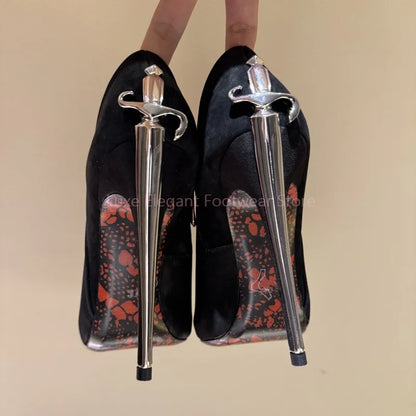 Black Suede Sword Shaped Pointed Stiletto Pumps Women Sliver Decor Side Zipper Shallow Ankle Boots Sexy Fashion Party Dress Shoe
