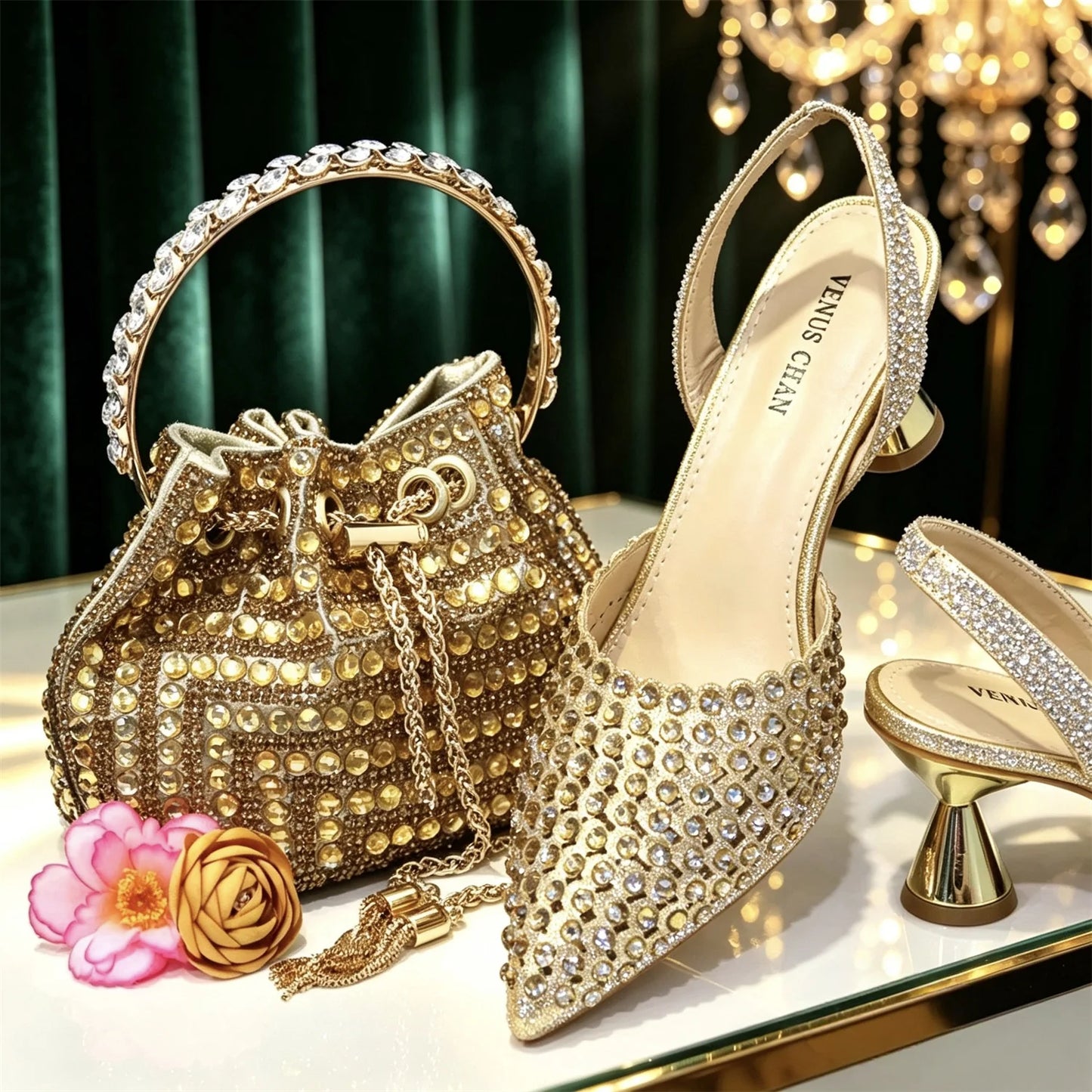Multicolor Rhinestone Heels & Bag Set | Crystal Pointed Slingback Pumps, Women Wedding Bridal Evening Party Matching Shoes Handb