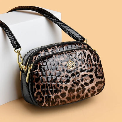 New 2025 Womens Small Messenger Bag PU Leather Shiny Shoulder Bag Fashion Saddle Bags Leopard Print Phone Purse Lipstick Storage