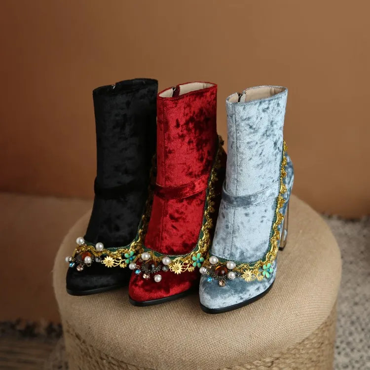Royal Gemstone Jeweled Flower Velvet Ankle Boots Floral Crystal Cage Fretwork High Heels Blue Red Black Woman Bridal Booties