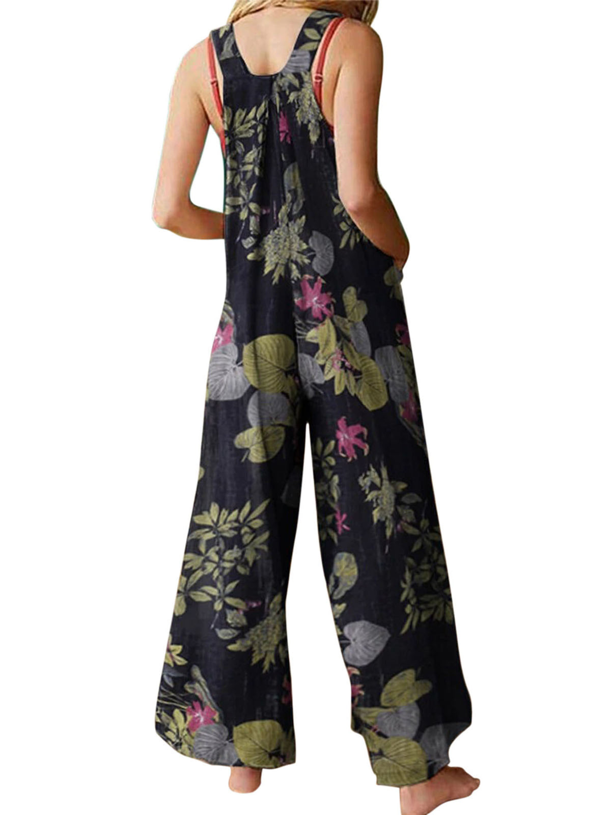 Women Plus Sizes Jumpsuit Leaf Floral Print Square Neck Sleeveless Fashion Casual Overalls with Pockets