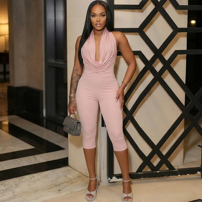 Summer Fashion New Women Sexy Jumpsuit Plunge Halterneck Backless Lace-up Solid Color Ruched One Piece Romper Capri Jumpsuits