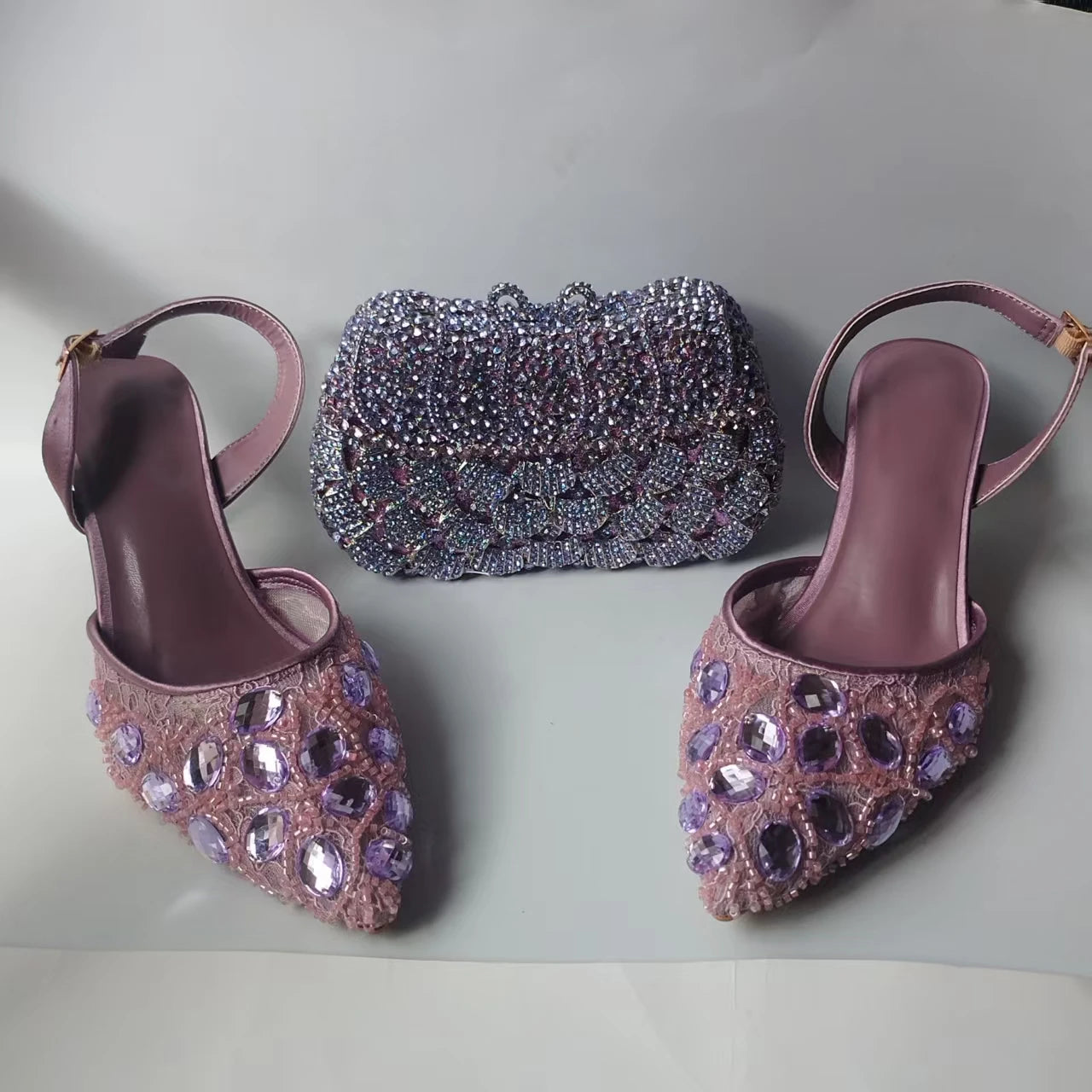 INSIGHTLINK Lady Stones Shoes and Bag Sets for Evening Purses Party Rhinestone Luxury Heels Sandals Set for Party Elegant Pumps