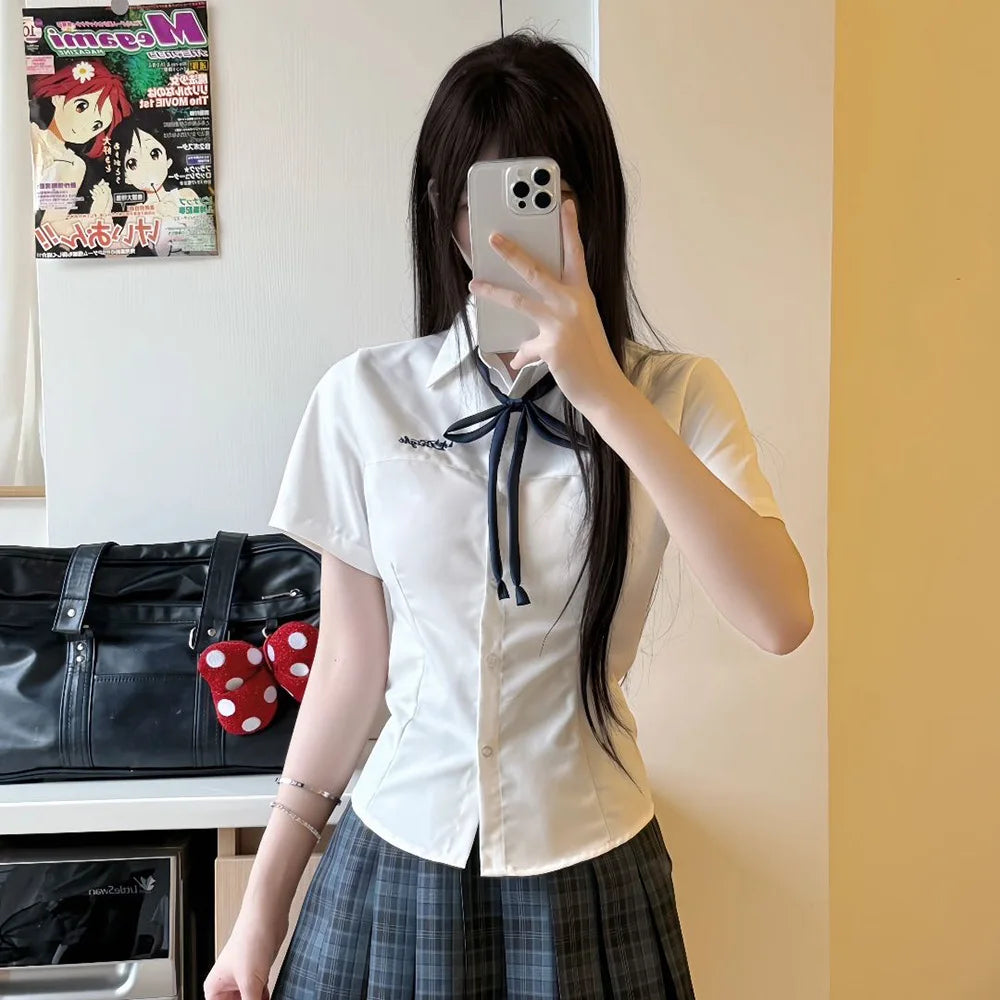 Japanese Academy Style Milk White Basic Versatile JK School Uniform Shirt, Women Summer Student Top for Campus Daily Casual Wear