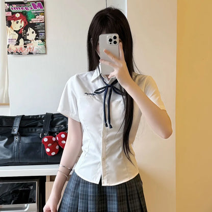 Japanese Academy Style Milk White Basic Versatile JK School Uniform Shirt, Women Summer Student Top for Campus Daily Casual Wear