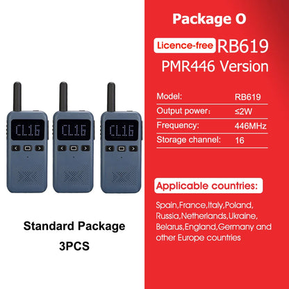 Retevis RB619 Mini Walkie Talkie PMR446/FRS 1650mAh Portable Long Range Two Way Radio Type-C Programmable for Restaurants Hotels