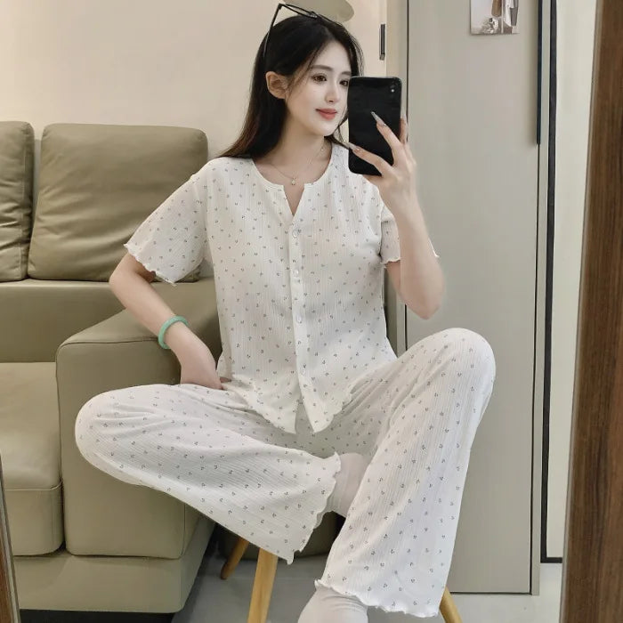 Cotton Fabric Floral Cardigan Printed Pajamas for Women Short-Sleeved Top and Long Pants Sleepwear Homewear Set Ladies Nightwear