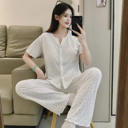 Cotton Fabric Floral Cardigan Printed Pajamas for Women Short-Sleeved Top and Long Pants Sleepwear Homewear Set Ladies Nightwear