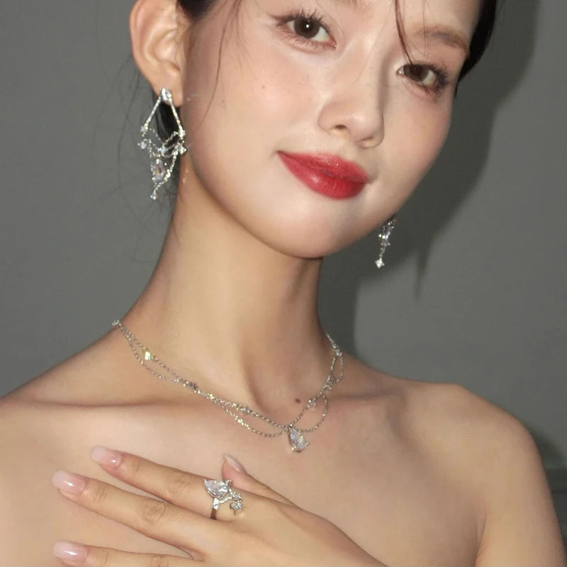 Luxury Sterling Silver Double-Deck Water Droplet Shape Women Choker AAA Zircon Chain Necklace Fine Jewelry Wedding Party Gift