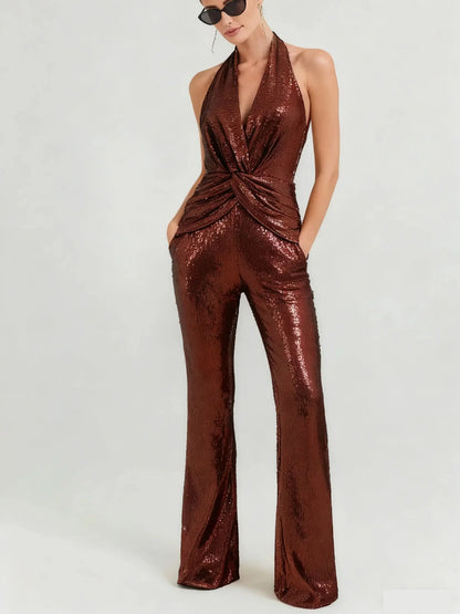 Summer New 2024 INS Women Sexy Glitter Sequins Gold Bodycon Jumpsuit Celebrity Designer High Street Boot Cut  Rompers