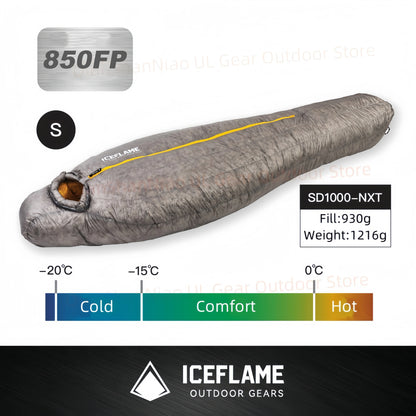 ICE FLAME Camping Mummy Gray Down Sleeping Bag Outdoor Ultralight 10D Unisex Sleeping Bag Traveling Hiking Mountain Climbing
