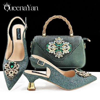 Hot Selling Elegant Noble Colorful Rhinestone Design White Color Party Wedding Pointed Toe High Heel Women Shoes and Bag Set