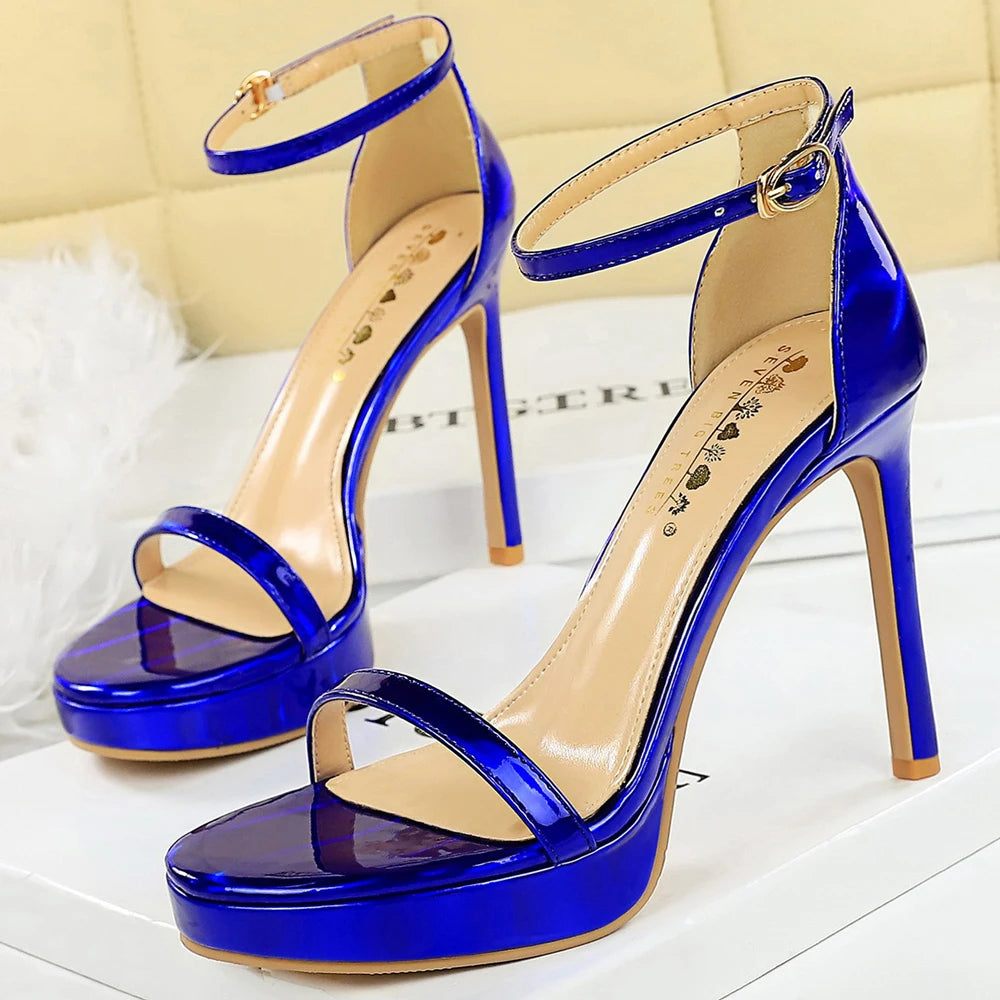 Luxury Women 11 Cm Heels Sandals Women Pumps Peep Toe High Heels Patent Leather Stiletto Lady Sandals Summer Shoes Platform Heel
